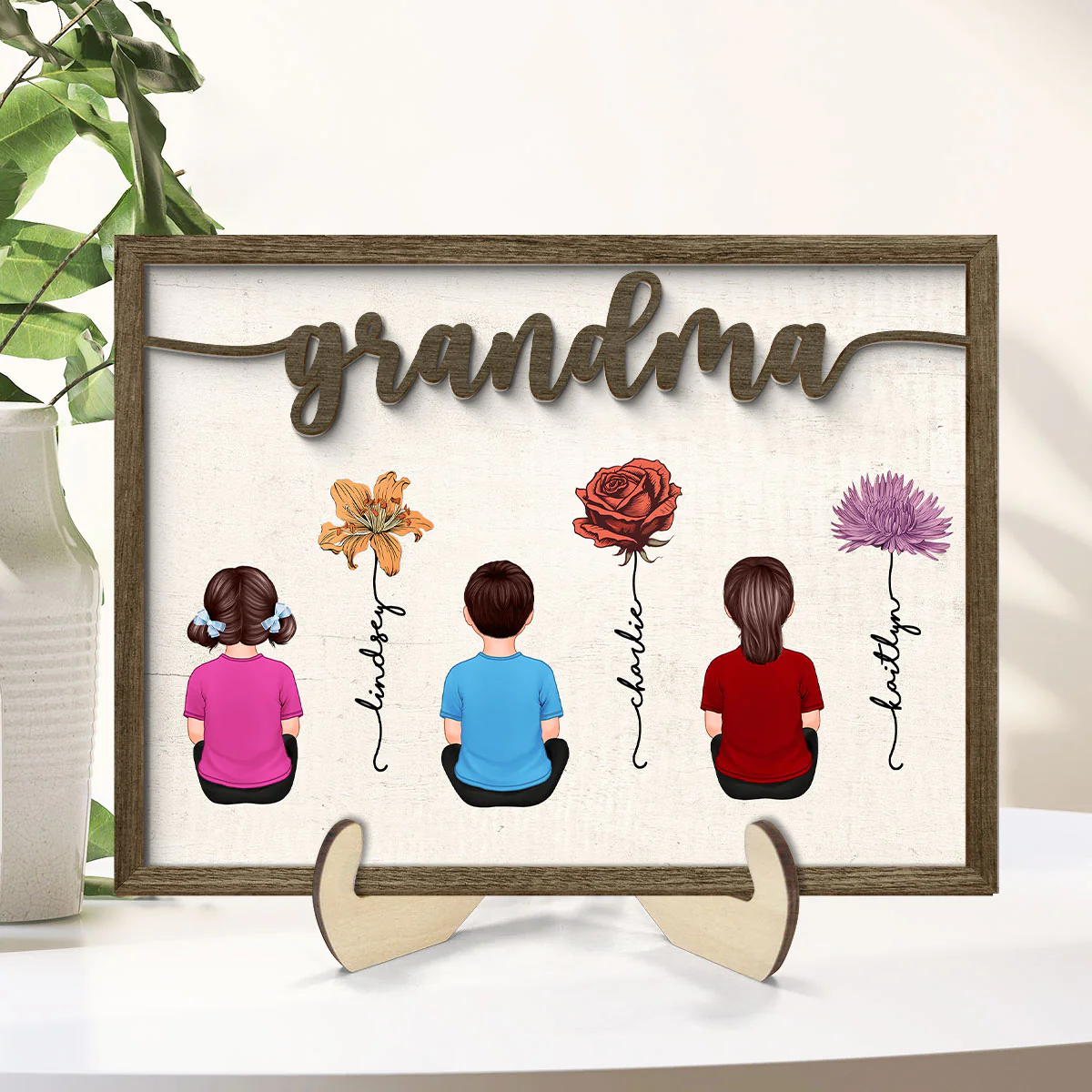 Grandkids Sitting Grandma Garden Vintage Birth Month Flowers Personalized 2-Layer Wooden Plaque - Image 2