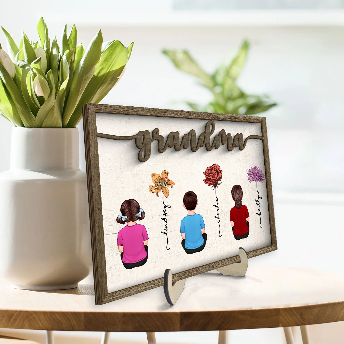 Grandkids Sitting Grandma Garden Vintage Birth Month Flowers Personalized 2-Layer Wooden Plaque - Image 3