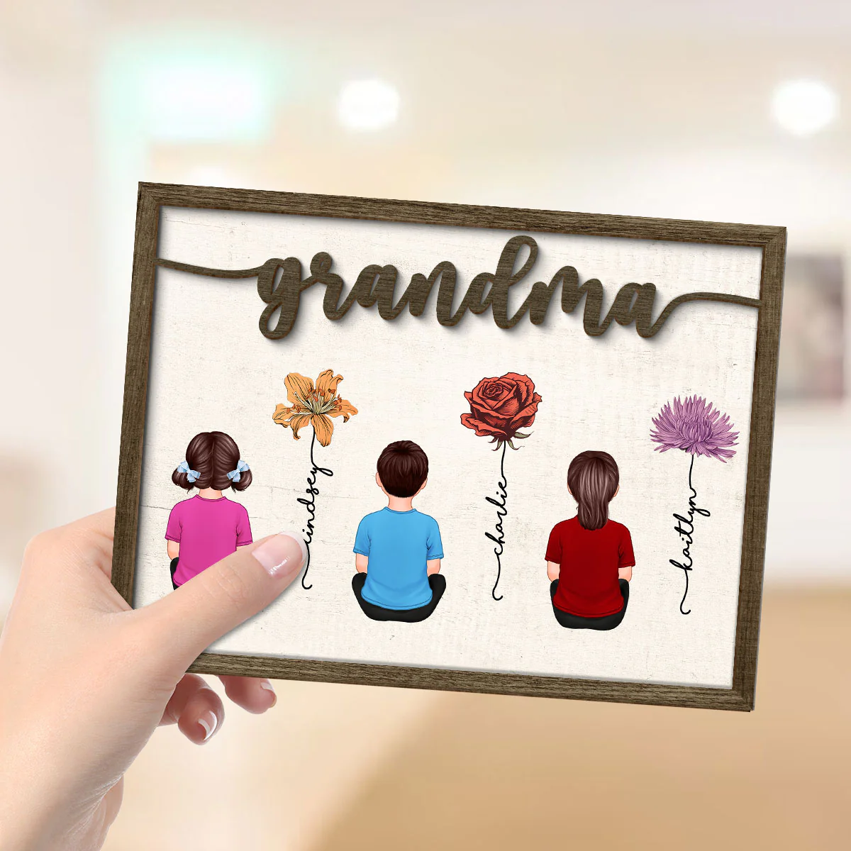 Grandkids Sitting Grandma Garden Vintage Birth Month Flowers Personalized 2-Layer Wooden Plaque - Image 4