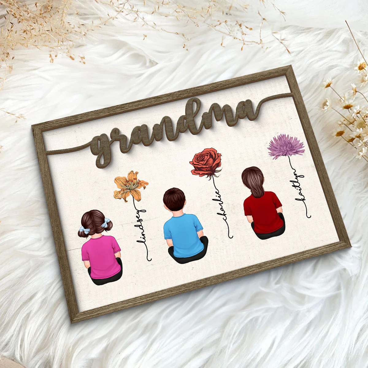 Grandkids Sitting Grandma Garden Vintage Birth Month Flowers Personalized 2-Layer Wooden Plaque - Image 5
