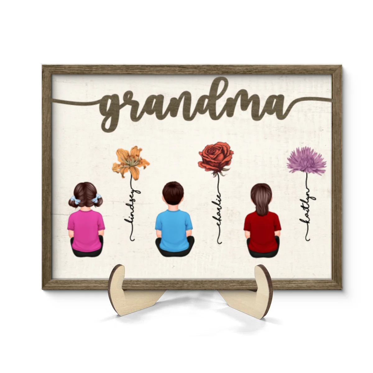 Grandkids Sitting Grandma Garden Vintage Birth Month Flowers Personalized 2-Layer Wooden Plaque - Image 8