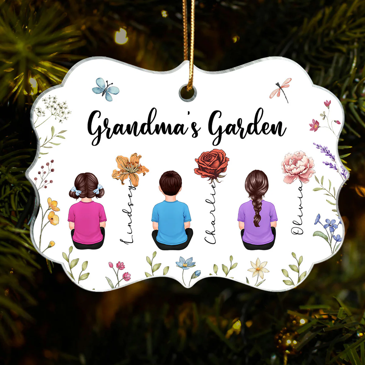 Grandkids Sitting Grandma Garden Vintage Birth Month Flowers Personalized Acrylic Ornament, Christmas Gift For Grandma