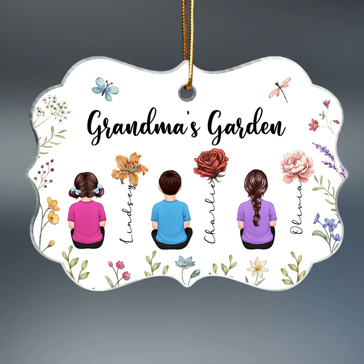 Grandkids Sitting Grandma Garden Vintage Birth Month Flowers Personalized Acrylic Ornament, Christmas Gift For Grandma - Image 2