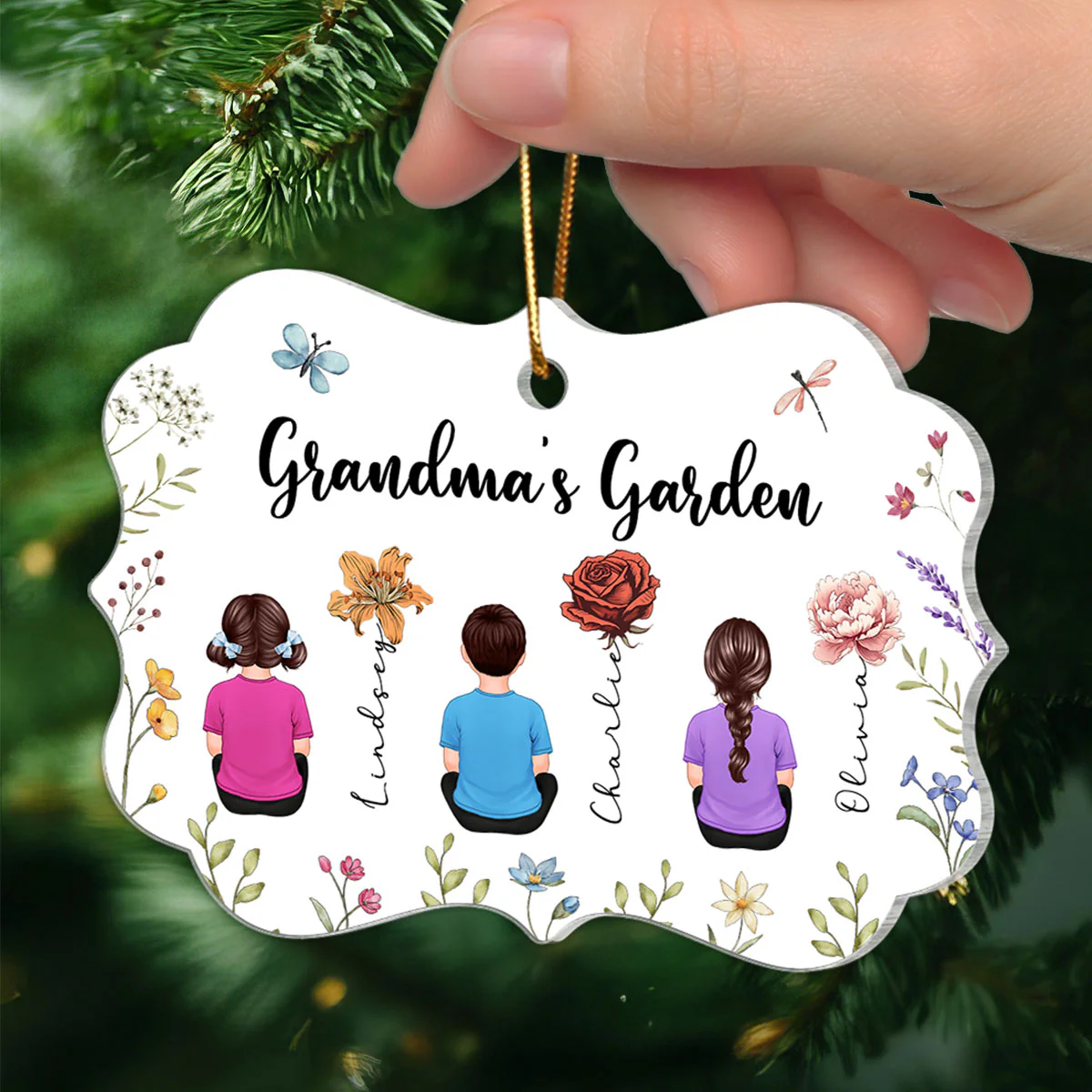 Grandkids Sitting Grandma Garden Vintage Birth Month Flowers Personalized Acrylic Ornament, Christmas Gift For Grandma - Image 3