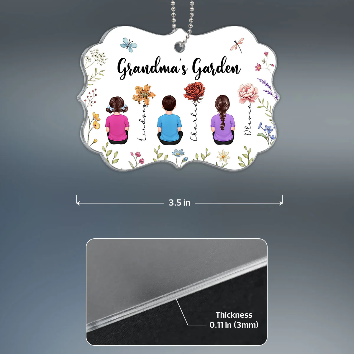Grandkids Sitting Grandma Garden Vintage Birth Month Flowers Personalized Acrylic Ornament, Christmas Gift For Grandma - Image 4
