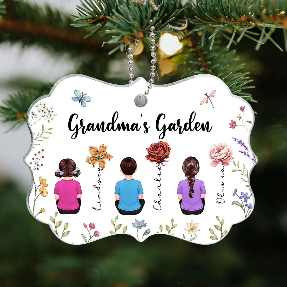 Grandkids Sitting Grandma Garden Vintage Birth Month Flowers Personalized Acrylic Ornament, Christmas Gift For Grandma - Image 5