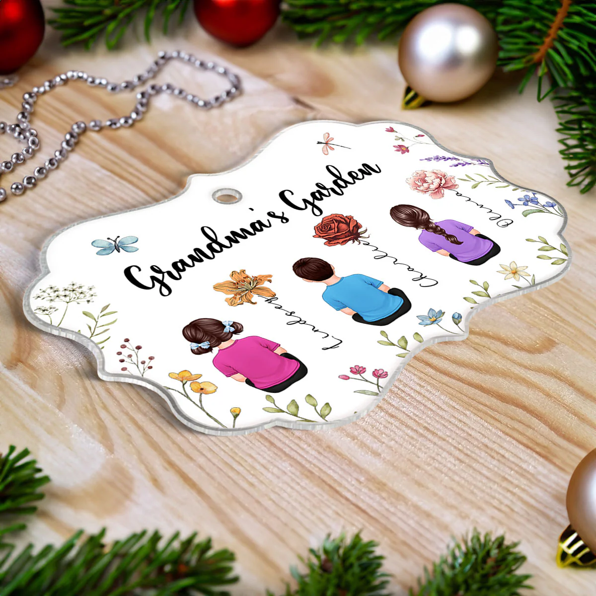 Grandkids Sitting Grandma Garden Vintage Birth Month Flowers Personalized Acrylic Ornament, Christmas Gift For Grandma - Image 6