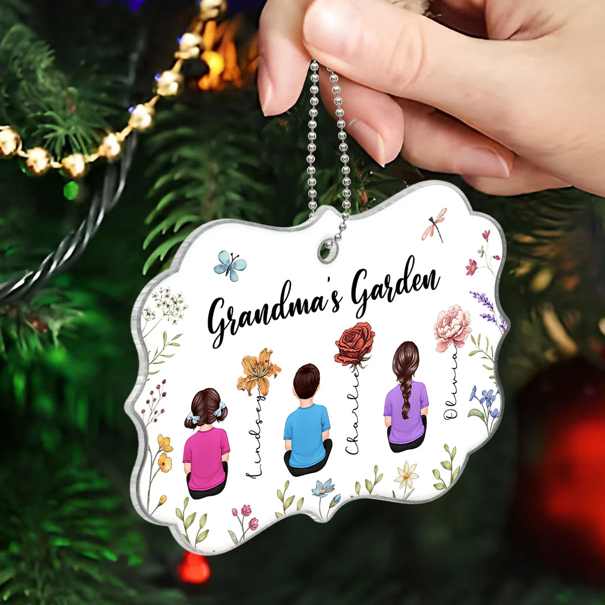 Grandkids Sitting Grandma Garden Vintage Birth Month Flowers Personalized Acrylic Ornament, Christmas Gift For Grandma - Image 7