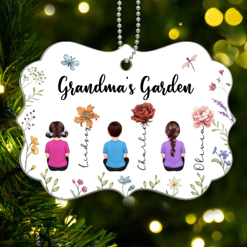 Grandkids Sitting Grandma Garden Vintage Birth Month Flowers Personalized Acrylic Ornament, Christmas Gift For Grandma - Image 8