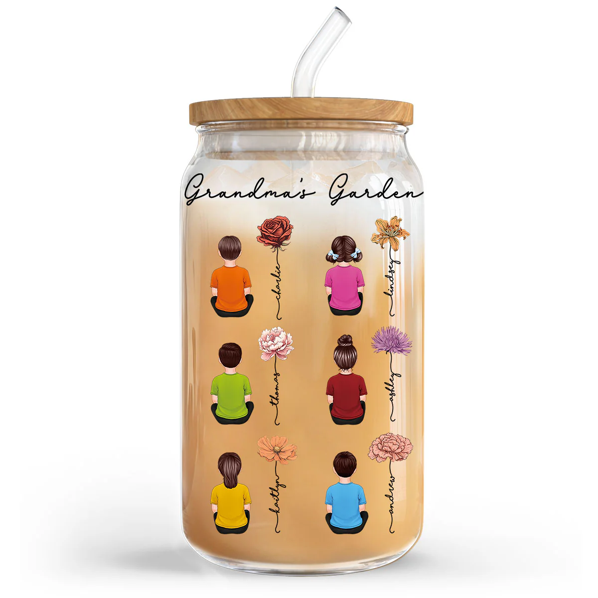 Grandkids Sitting Grandma Garden Vintage Birth Month Flowers Personalized Clear Glass Can - Image 2