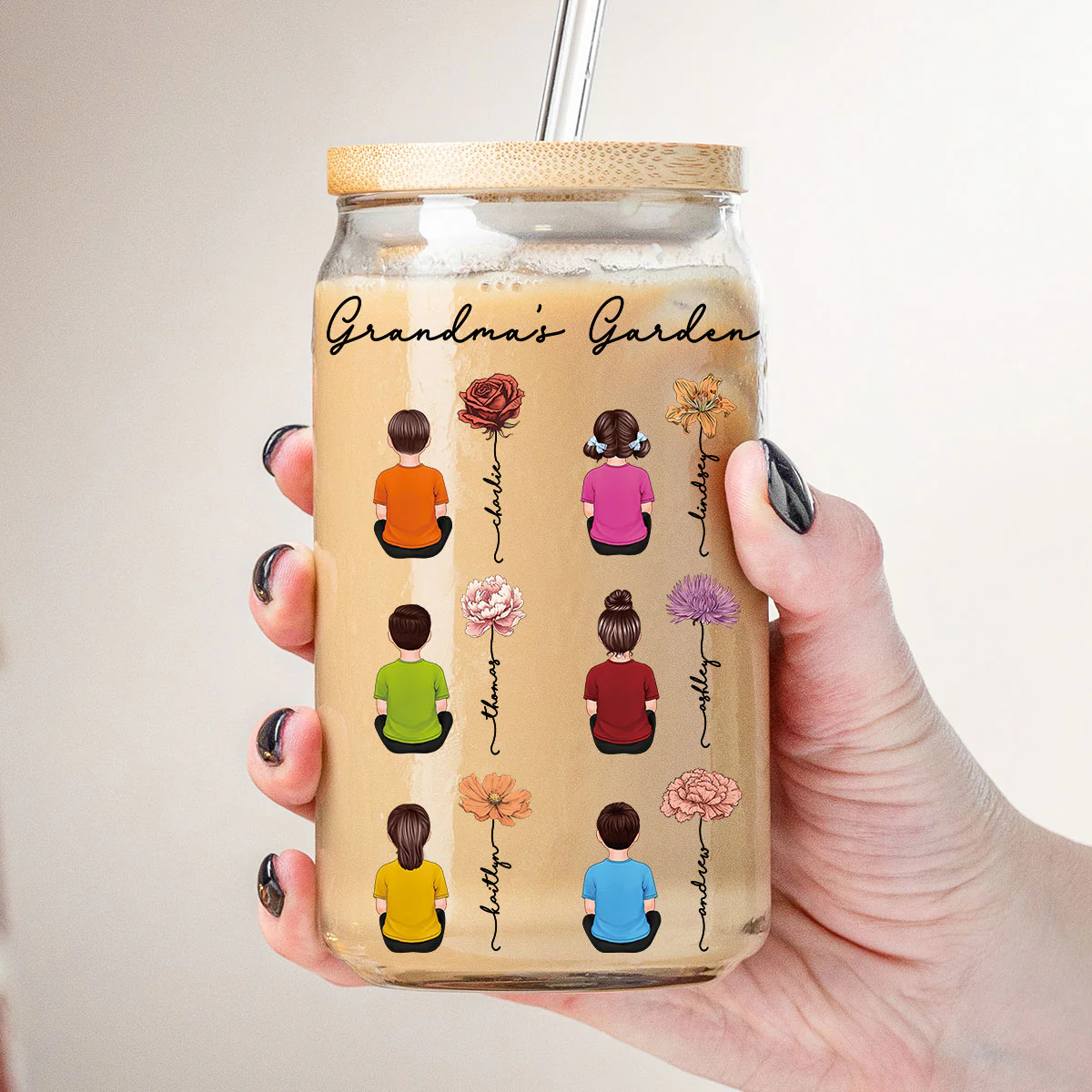 Grandkids Sitting Grandma Garden Vintage Birth Month Flowers Personalized Clear Glass Can - Image 3