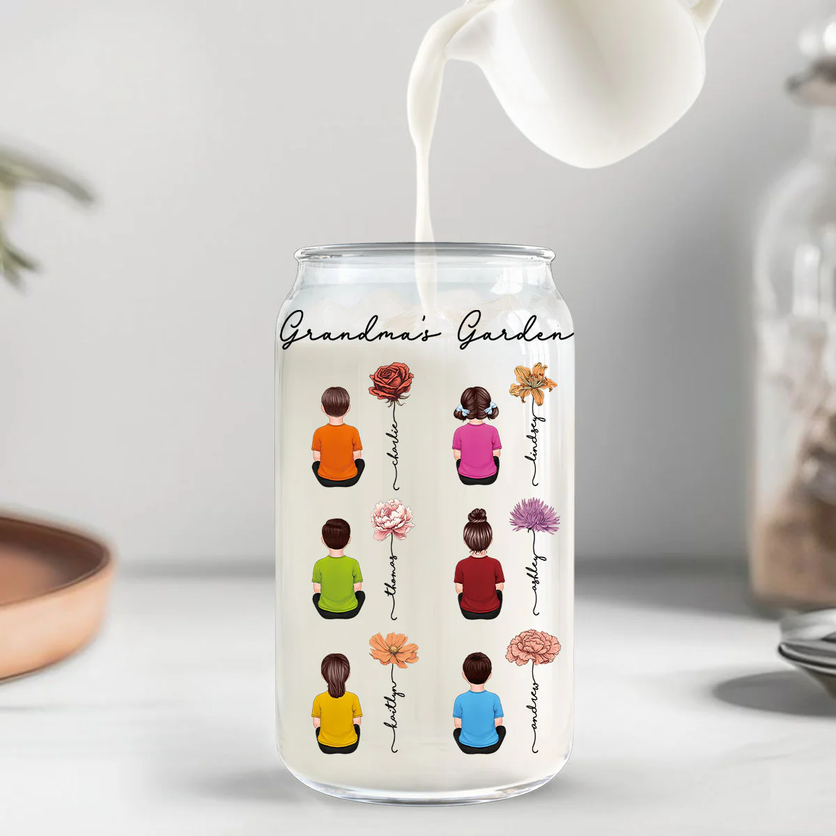 Grandkids Sitting Grandma Garden Vintage Birth Month Flowers Personalized Clear Glass Can - Image 4