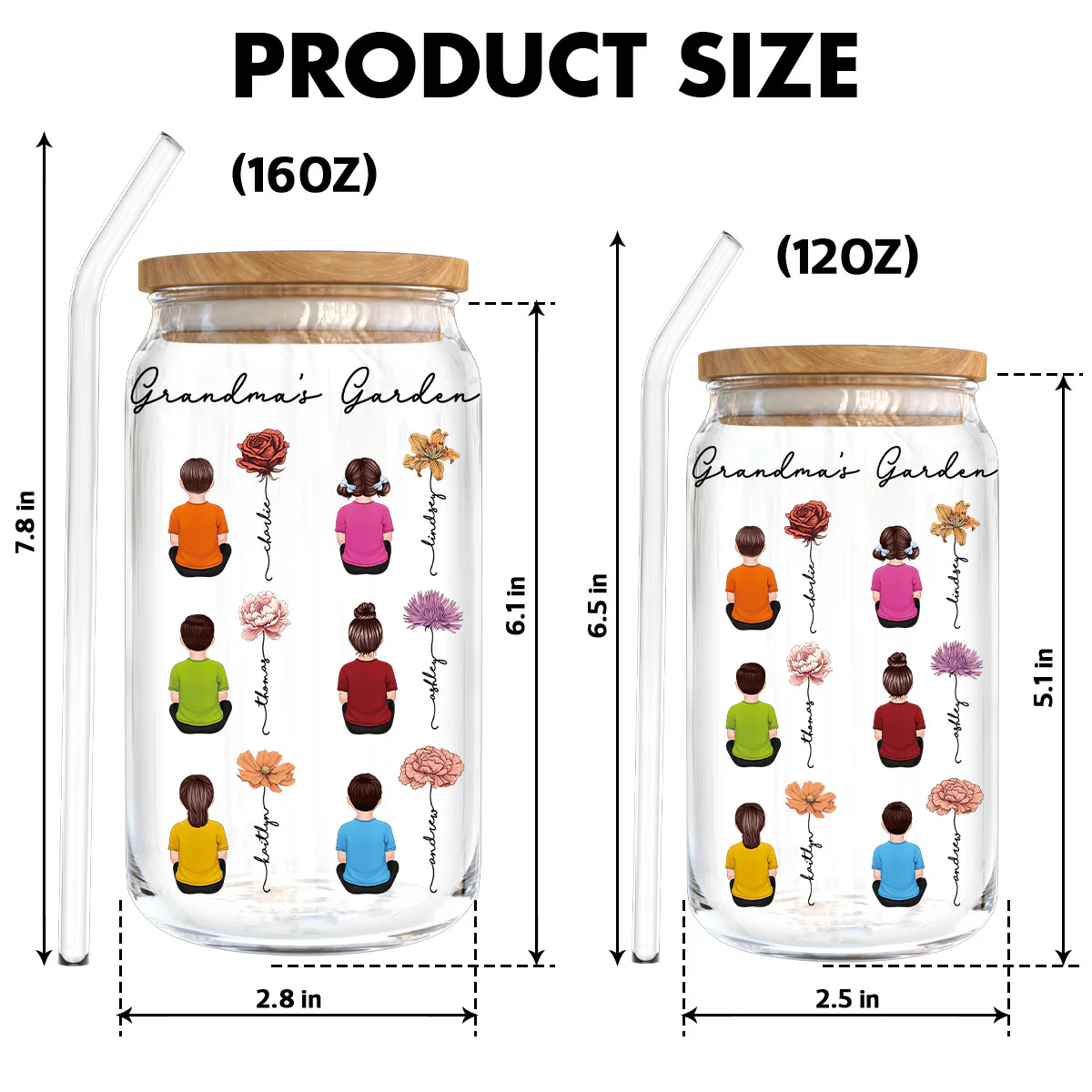 Grandkids Sitting Grandma Garden Vintage Birth Month Flowers Personalized Clear Glass Can - Image 5