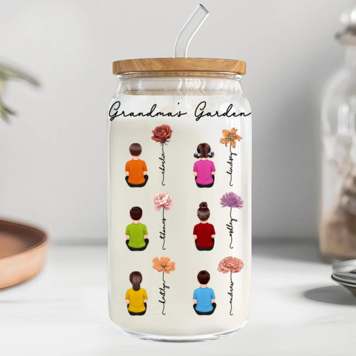 Grandkids Sitting Grandma Garden Vintage Birth Month Flowers Personalized Clear Glass Can - Image 7
