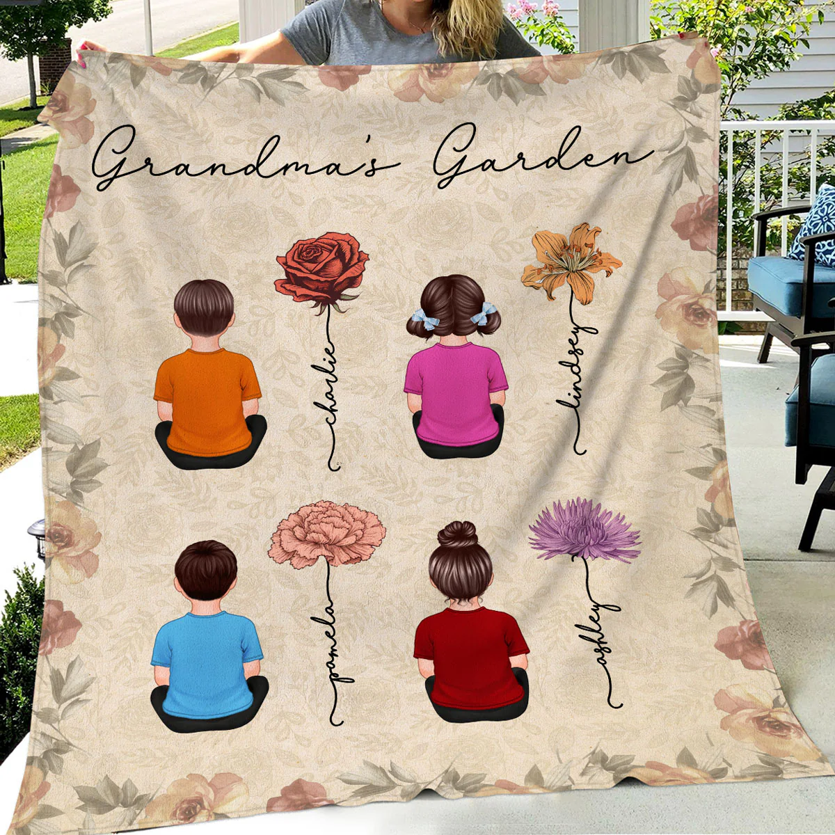 Grandkids Sitting Grandma Garden Vintage Birth Month Flowers Personalized Fleece Blanket - Image 3
