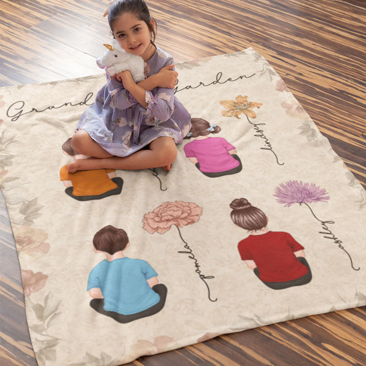 Grandkids Sitting Grandma Garden Vintage Birth Month Flowers Personalized Fleece Blanket - Image 4