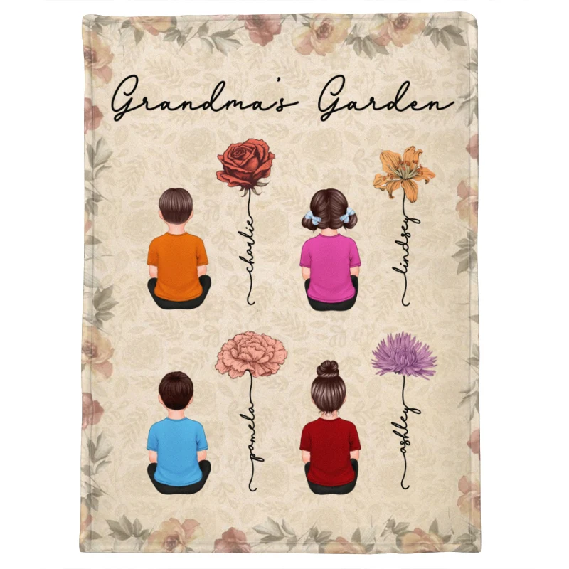Grandkids Sitting Grandma Garden Vintage Birth Month Flowers Personalized Fleece Blanket - Image 7