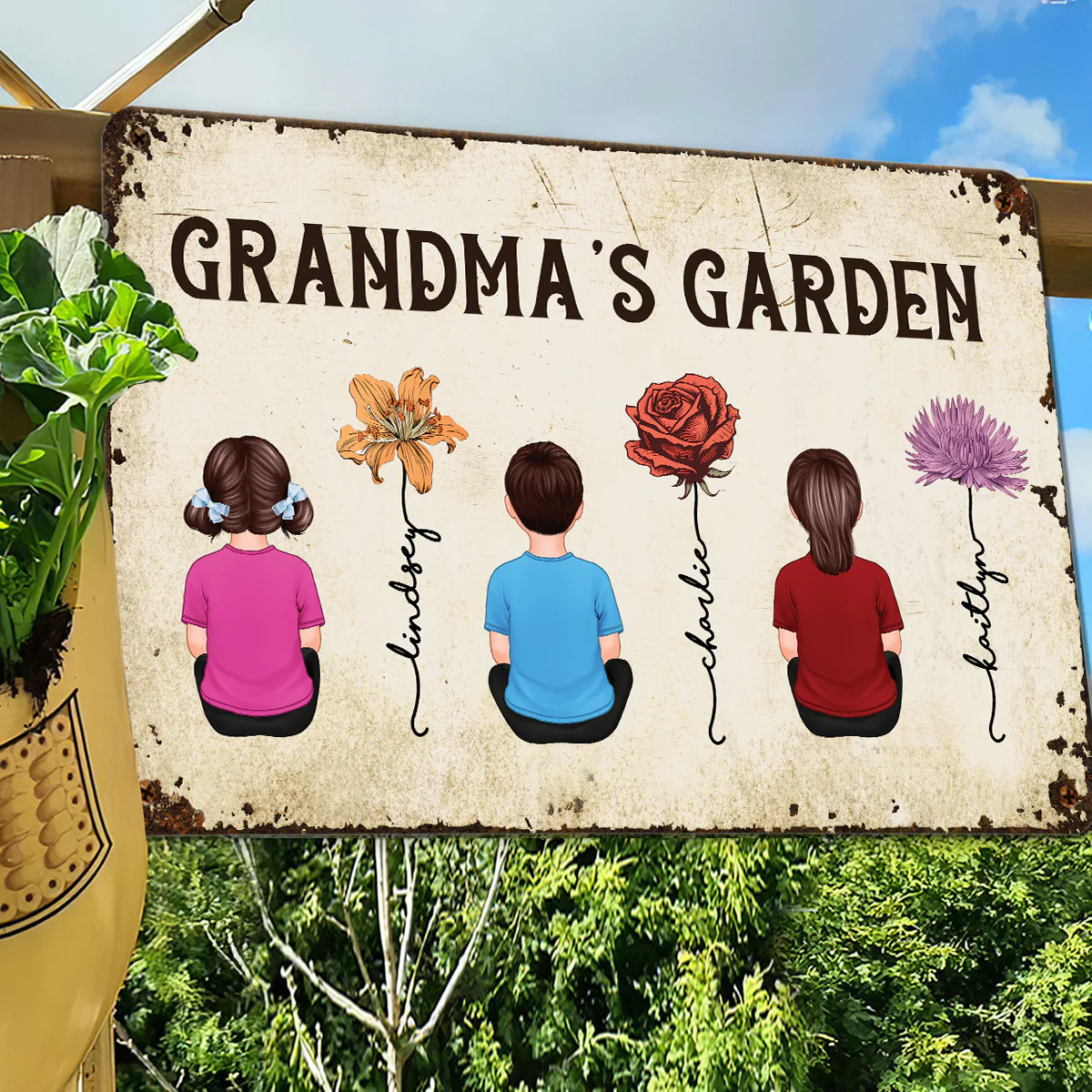 Grandkids Sitting Grandma Garden Vintage Birth Month Flowers Personalized Metal Sign - Image 3