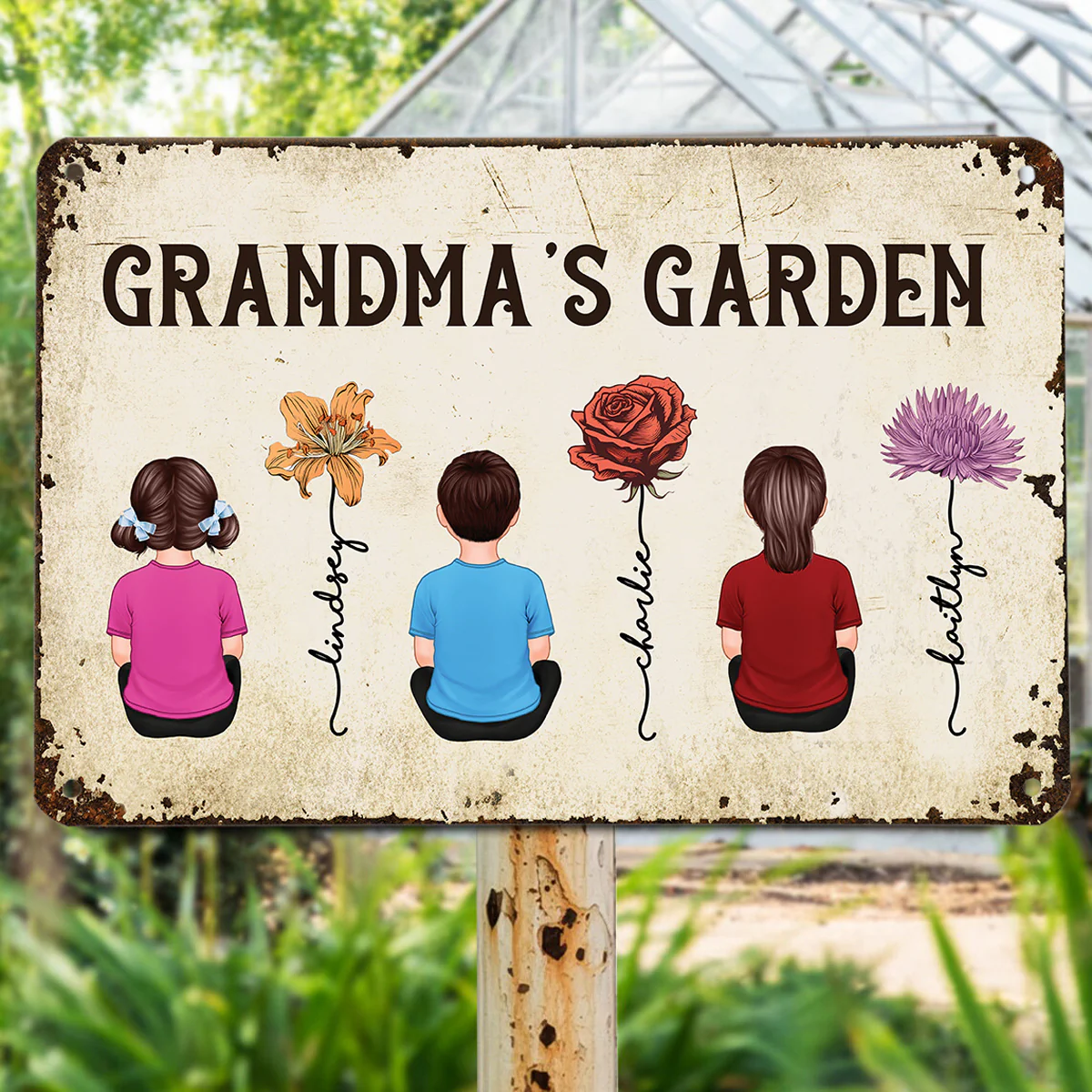 Grandkids Sitting Grandma Garden Vintage Birth Month Flowers Personalized Metal Sign - Image 4