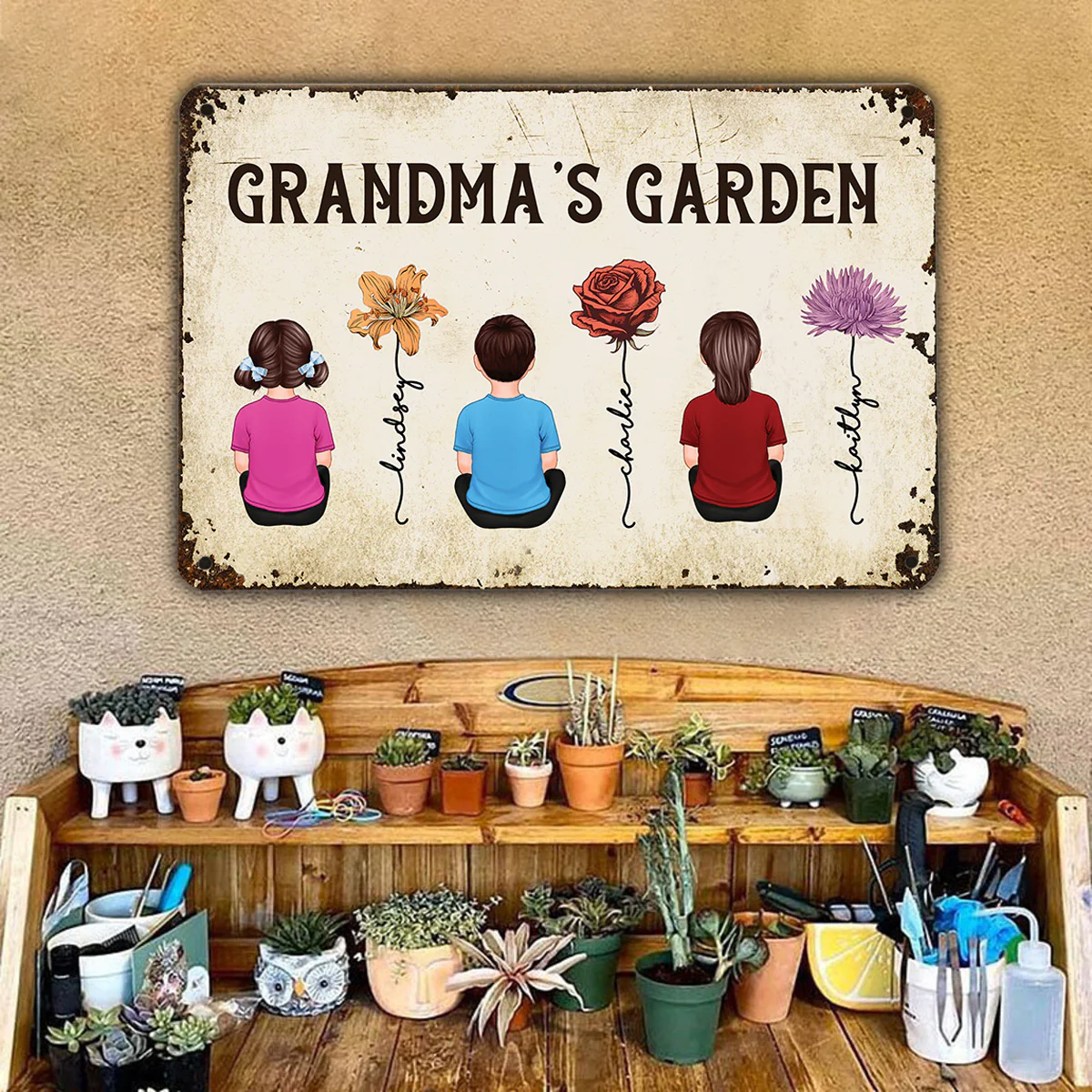 Grandkids Sitting Grandma Garden Vintage Birth Month Flowers Personalized Metal Sign - Image 5