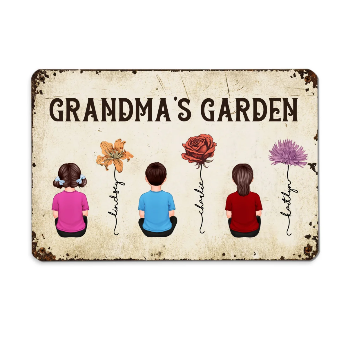 Grandkids Sitting Grandma Garden Vintage Birth Month Flowers Personalized Metal Sign - Image 6