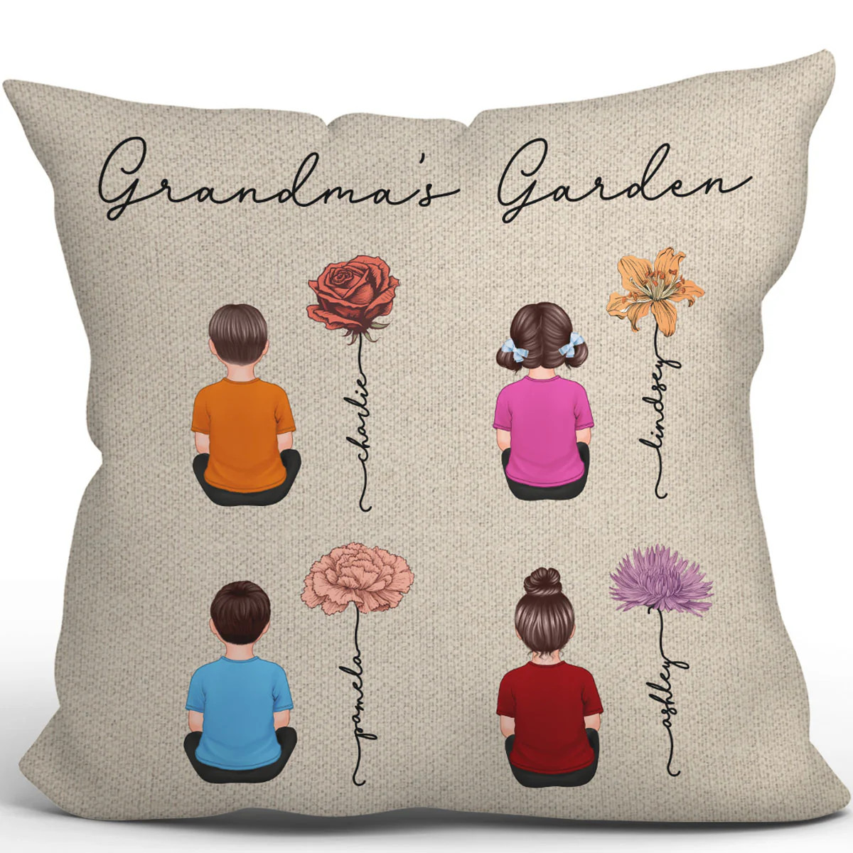 Grandkids Sitting Grandma Garden Vintage Birth Month Flowers Personalized Pillow - Image 2