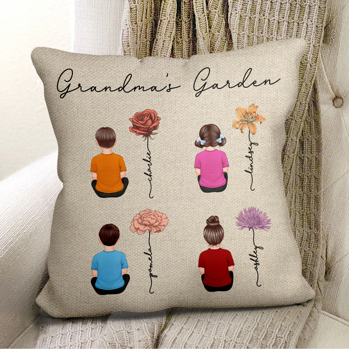Grandkids Sitting Grandma Garden Vintage Birth Month Flowers Personalized Pillow - Image 3
