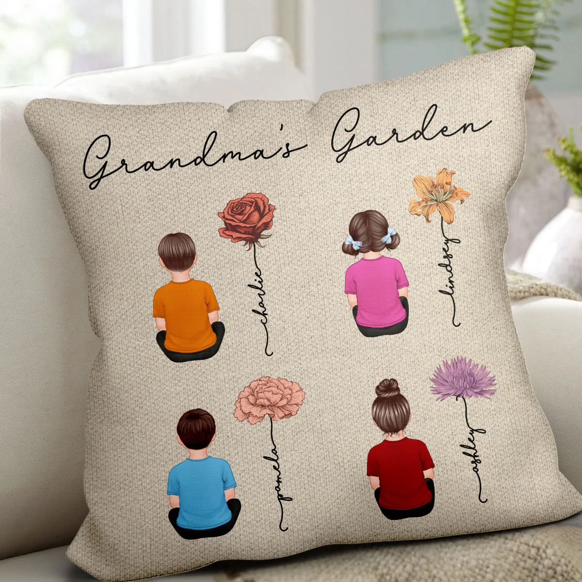 Grandkids Sitting Grandma Garden Vintage Birth Month Flowers Personalized Pillow - Image 4