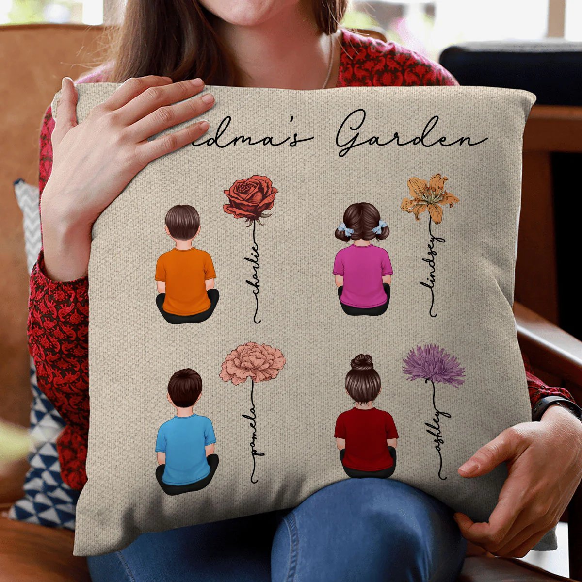 Grandkids Sitting Grandma Garden Vintage Birth Month Flowers Personalized Pillow - Image 5