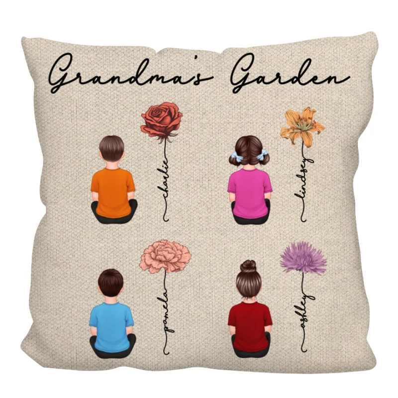 Grandkids Sitting Grandma Garden Vintage Birth Month Flowers Personalized Pillow - Image 8