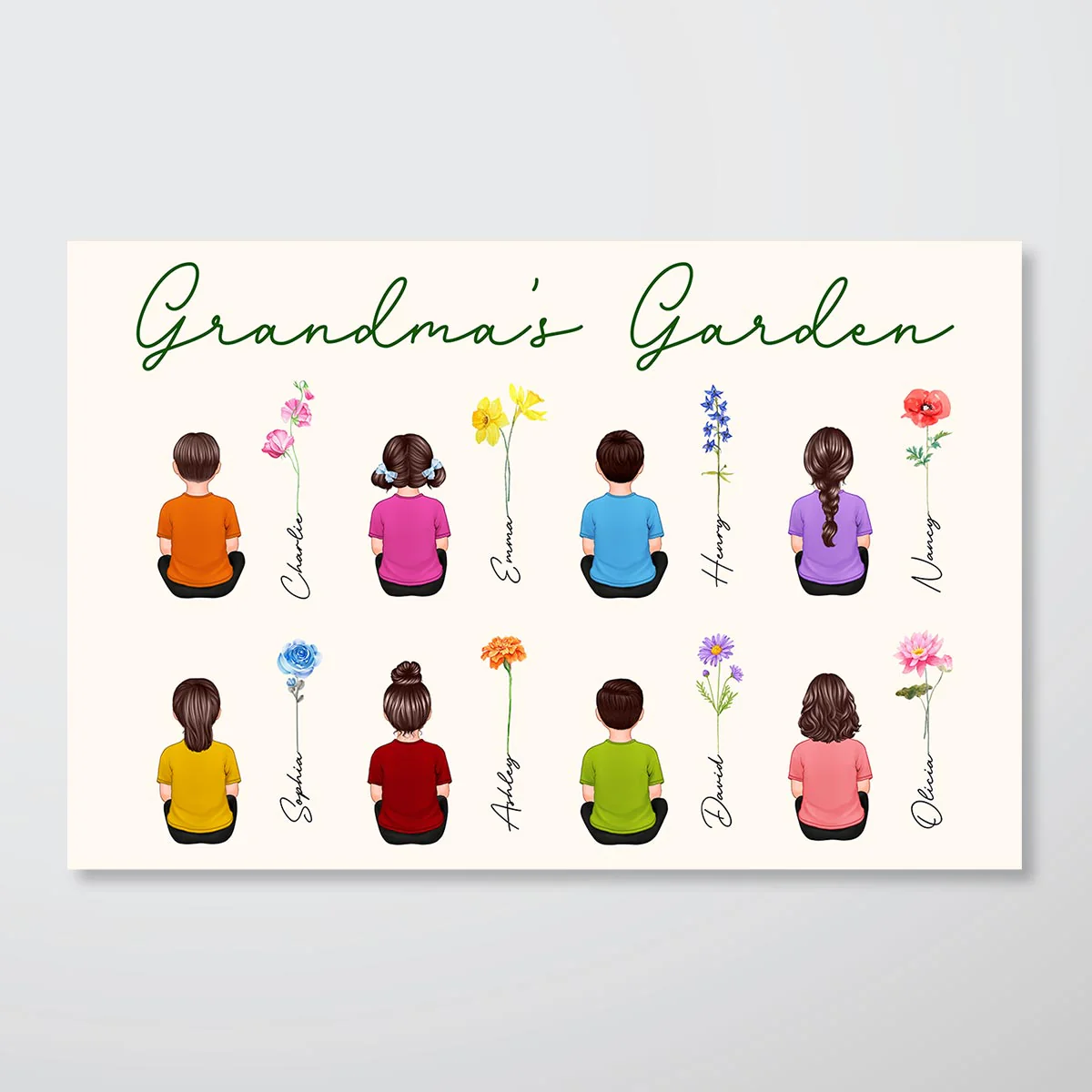 Grandkids Sitting Grandma Garden Watercolor Birth Month Flowers Mother‘s Day Gift Personalized Horizontal Poster - Image 2
