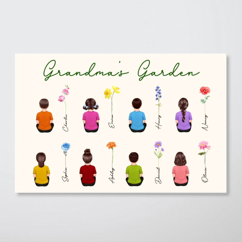 Grandkids Sitting Grandma Garden Watercolor Birth Month Flowers Mother‘s Day Gift Personalized Horizontal Poster - Image 6