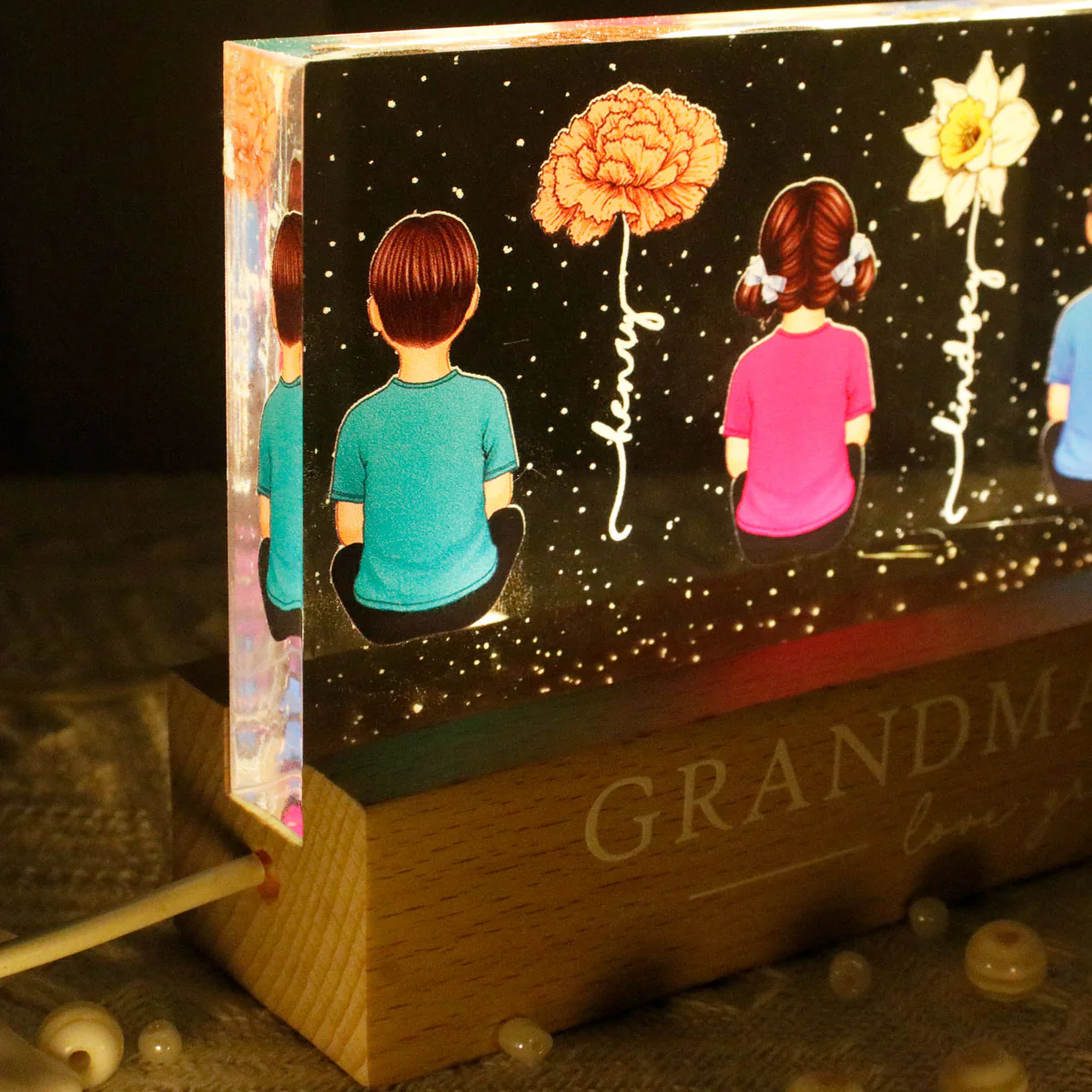 Vintage Birth Month Flowers Grandma's Garden - Personalized Acrylic Block Plaque LED Night Light - Gift for Mom, Gift for Grandma, Gift for Wife - Image 3