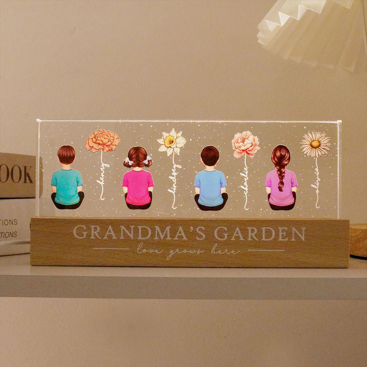 Vintage Birth Month Flowers Grandma's Garden - Personalized Acrylic Block Plaque LED Night Light - Gift for Mom, Gift for Grandma, Gift for Wife - Image 4