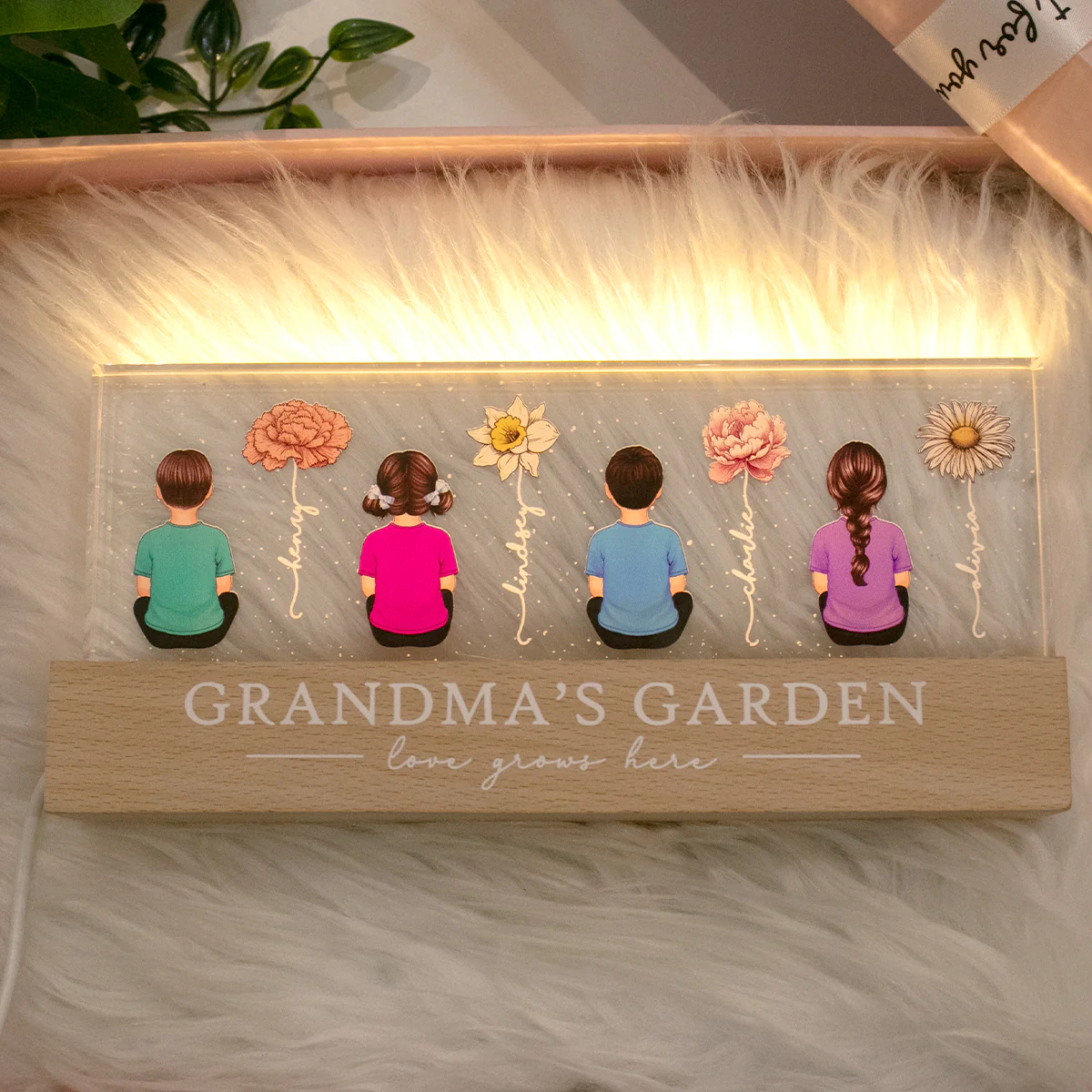 Vintage Birth Month Flowers Grandma's Garden - Personalized Acrylic Block Plaque LED Night Light - Gift for Mom, Gift for Grandma, Gift for Wife - Image 5