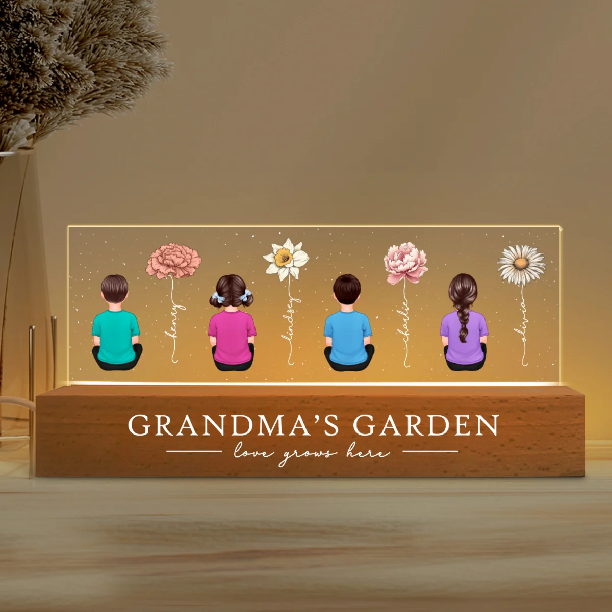Vintage Birth Month Flowers Grandma's Garden - Personalized Acrylic Block Plaque LED Night Light - Gift for Mom, Gift for Grandma, Gift for Wife - Image 8