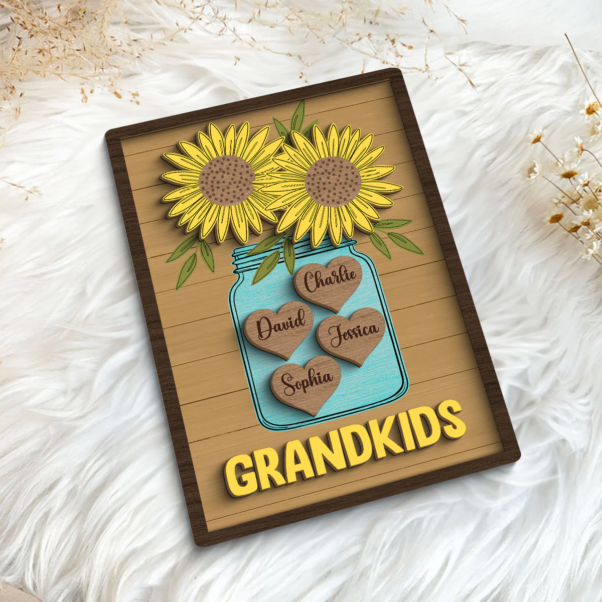 Grandkids Sunflowers Vase Hearts With Kids Names Personalized 2-layer Wooden Plaque - Image 5