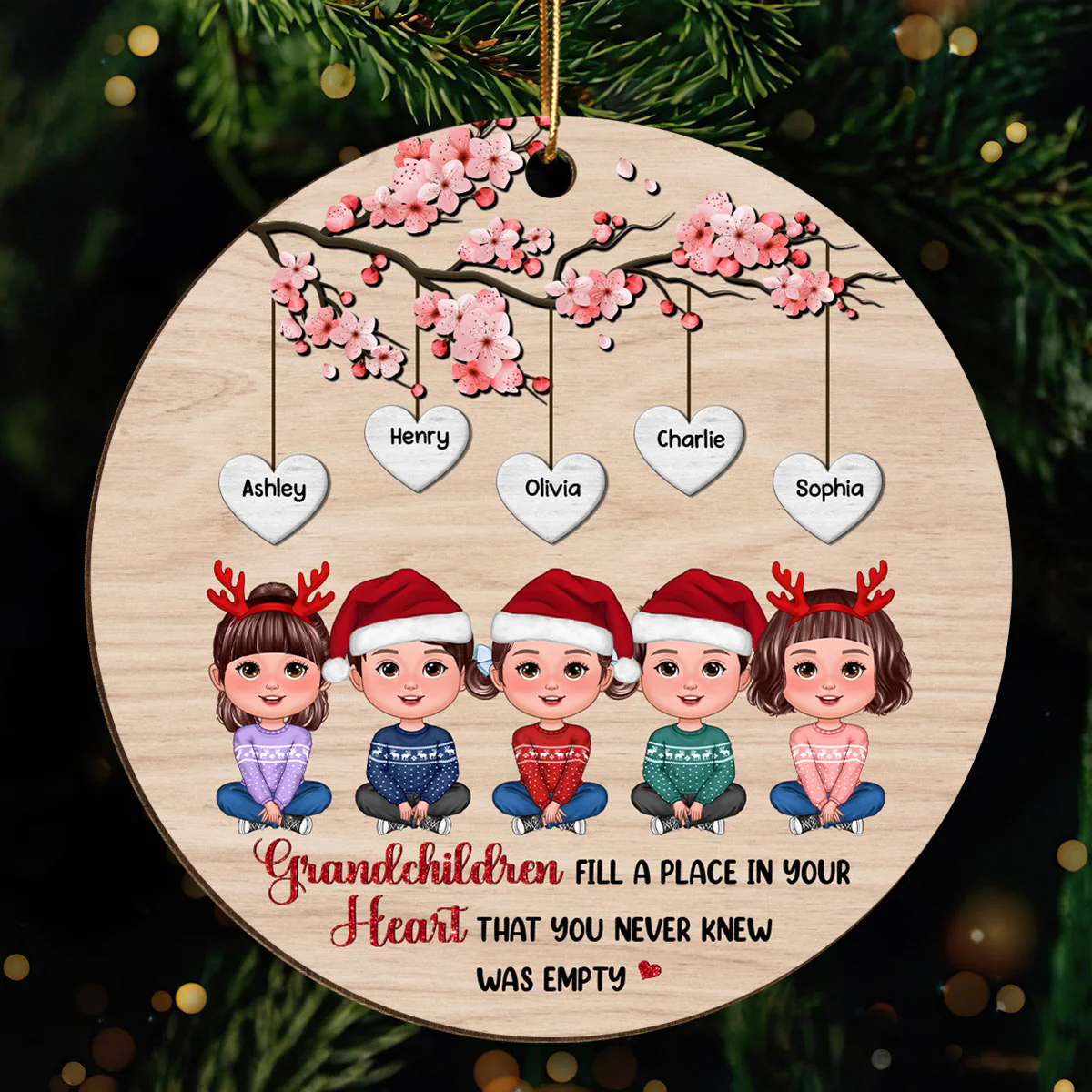 Grandkids Under Blossom Tree Christmas Gifts Personalized Wooden Ornament - Image 2