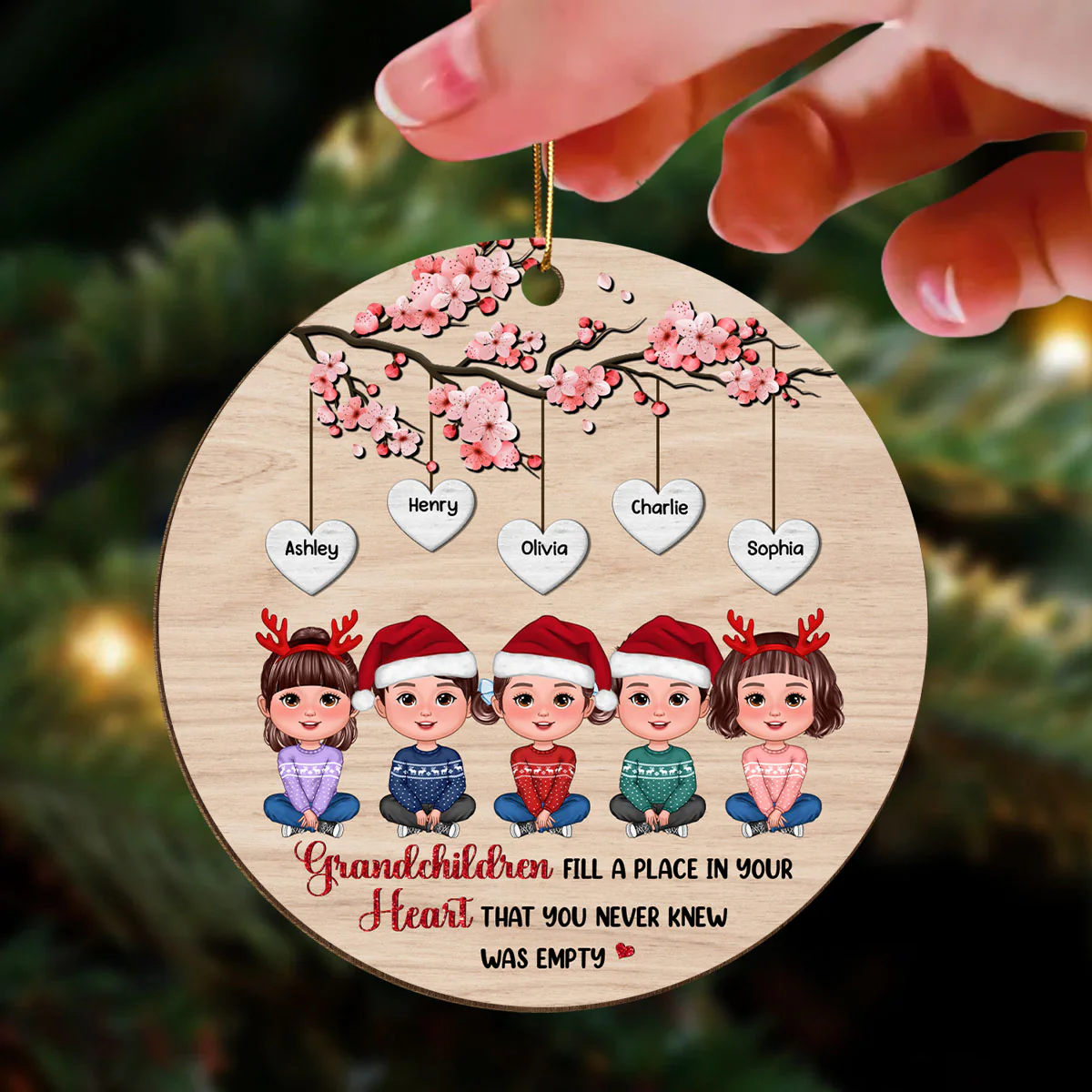 Grandkids Under Blossom Tree Christmas Gifts Personalized Wooden Ornament - Image 3