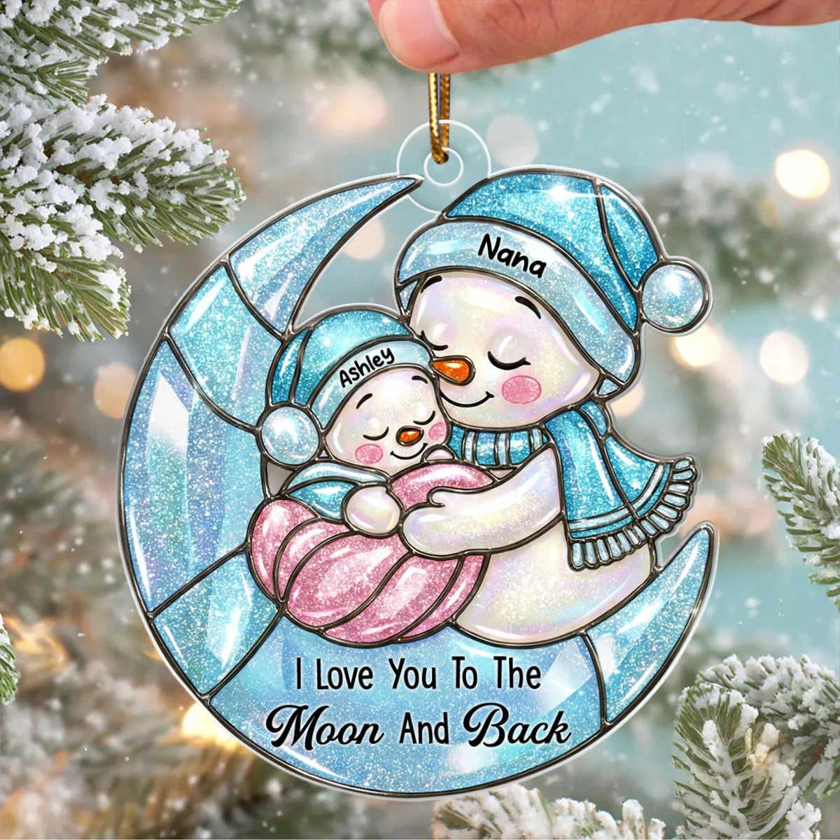 Grandma And Grandkid Moon Stained Glass Pattern - Personalized Acrylic Ornament - Heartwarming Christmas Gift For Grandma, Granddaughter, Grandson - Image 3