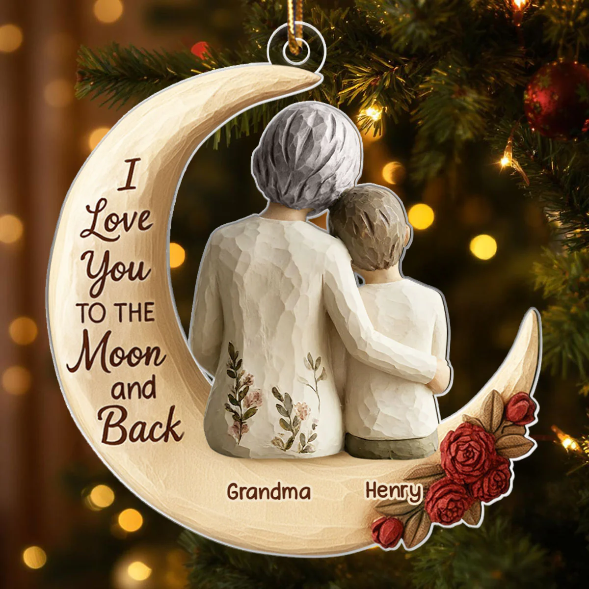 Grandma And Grandkid On The Moon Faux Wood - Personalized Acrylic Ornament - Heartwarming Christmas Gift For Grandma, For Family - Image 5