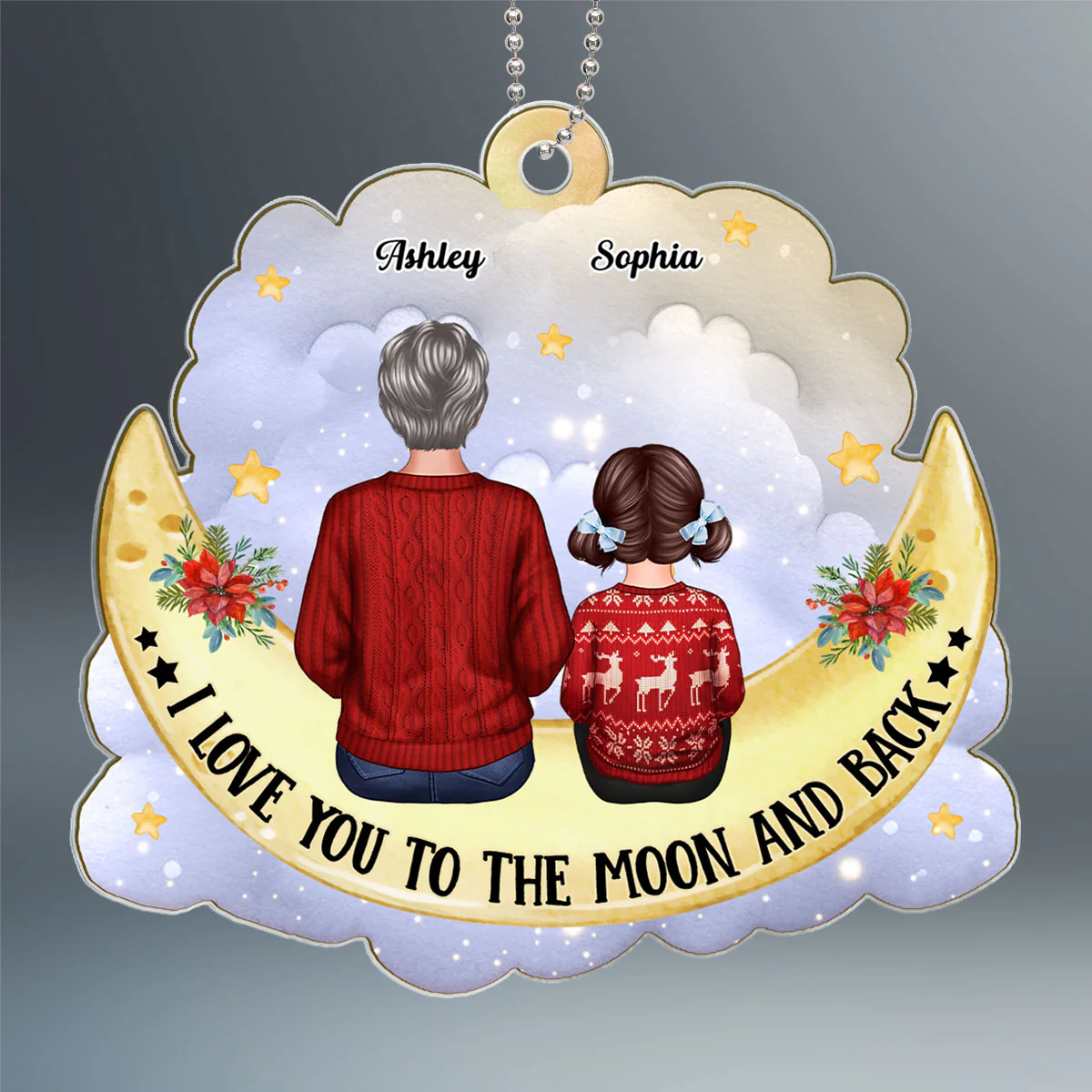 Grandma And Grandkids Back View Cute Moon Cloud Personalized Acrylic Ornament - Image 2