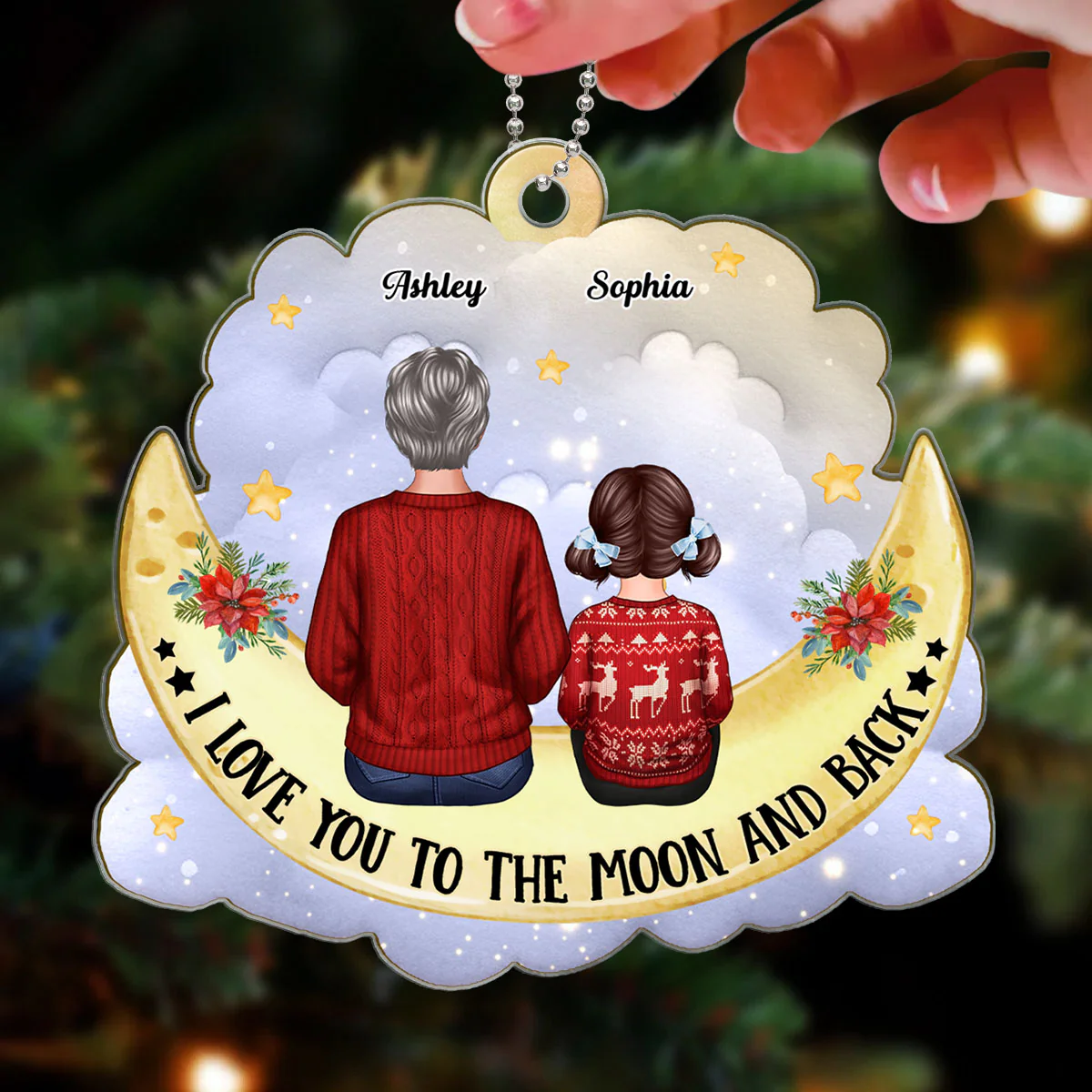 Grandma And Grandkids Back View Cute Moon Cloud Personalized Acrylic Ornament - Image 3