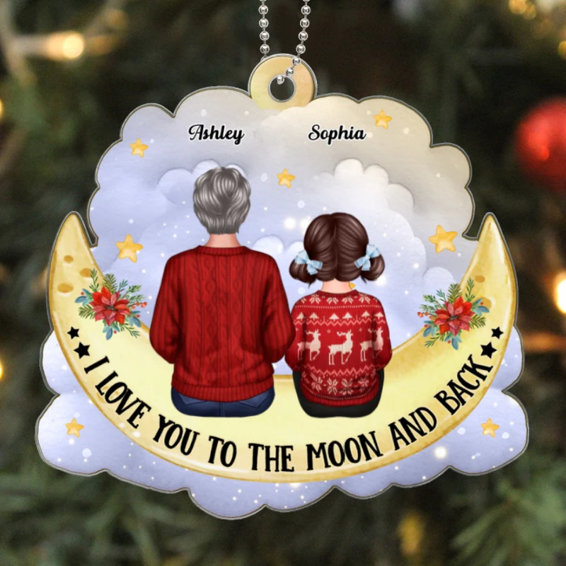 Grandma And Grandkids Back View Cute Moon Cloud Personalized Acrylic Ornament - Image 5