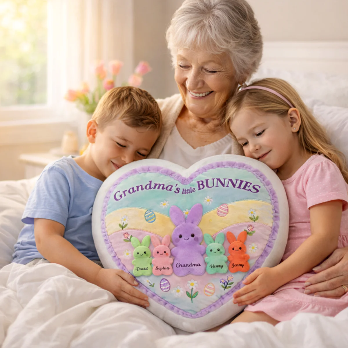 Grandma and Grandkids Bunnies - Personalized Faux Fur Pillow - Easter Decor Gift for Grandma, Mom - Image 2