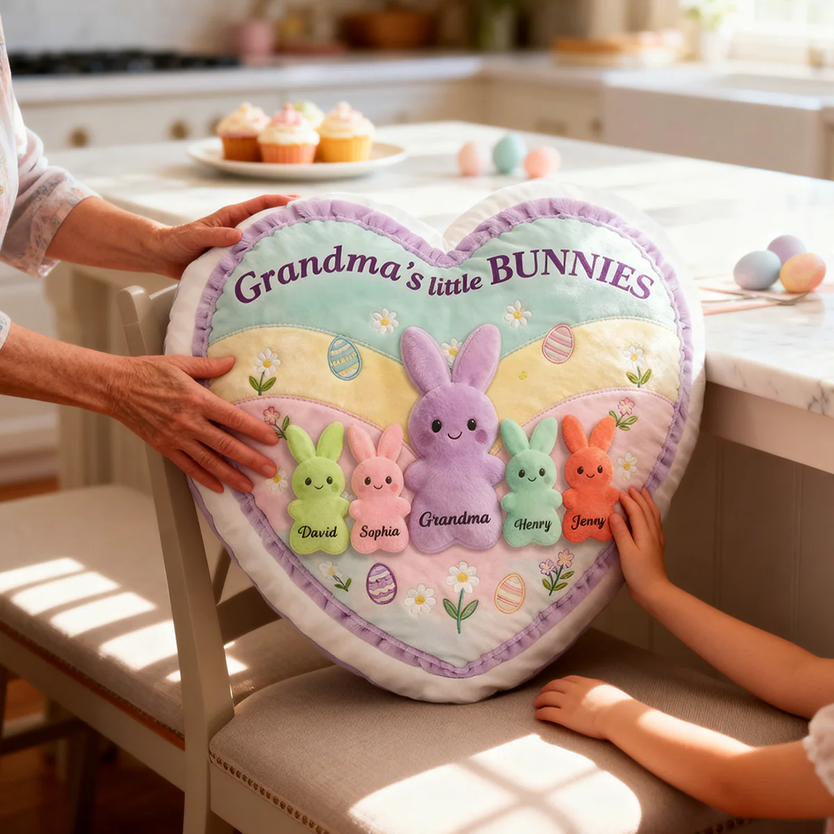Grandma and Grandkids Bunnies - Personalized Faux Fur Pillow - Easter Decor Gift for Grandma, Mom - Image 3