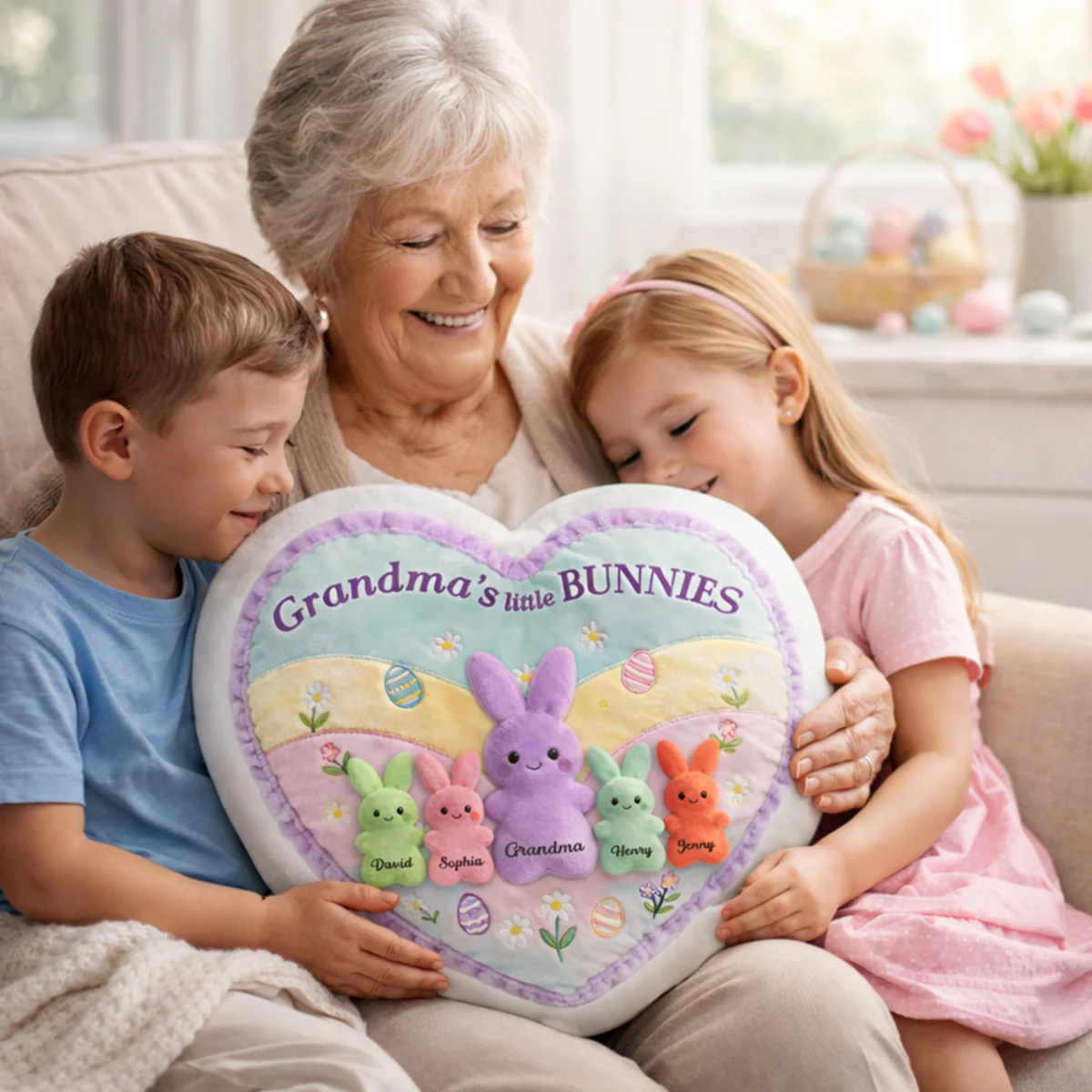 Grandma and Grandkids Bunnies - Personalized Faux Fur Pillow - Easter Decor Gift for Grandma, Mom - Image 5