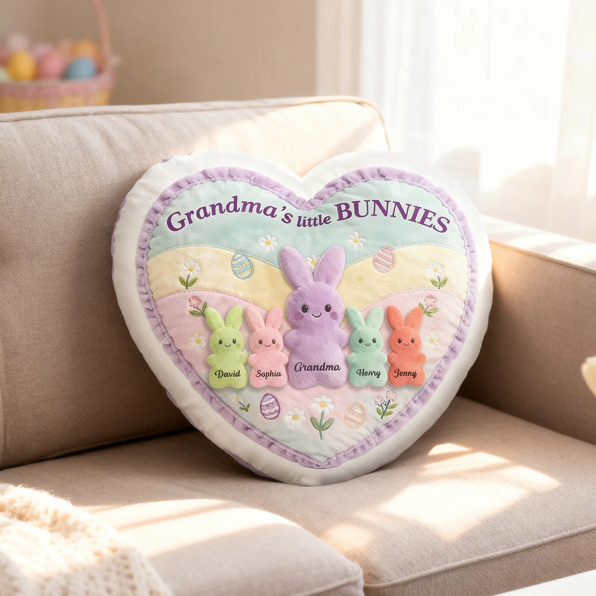 Grandma and Grandkids Bunnies - Personalized Faux Fur Pillow - Easter Decor Gift for Grandma, Mom - Image 7