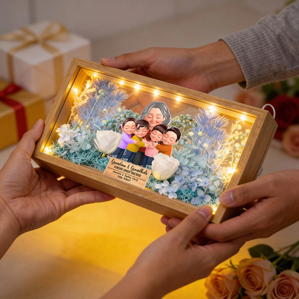 Grandma And Grandkids Forever Linked Together - Personalized DIY Flower Shadow Box LED Night Light - Gift For Grandma - Image 10