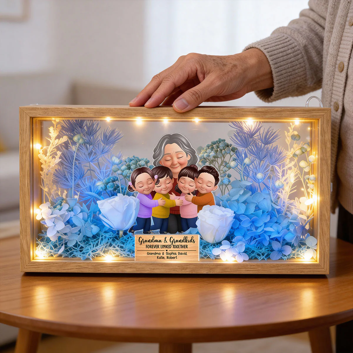 Grandma And Grandkids Forever Linked Together - Personalized DIY Flower Shadow Box LED Night Light - Gift For Grandma - Image 5